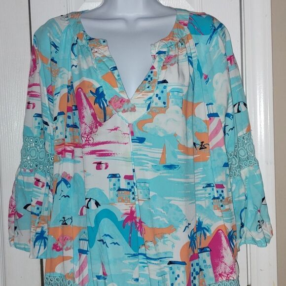 Crown & Ivy ocean beachy 3/4 Sleeve Crochet Peasant Top  Sz 1X - Picture 3 of 6